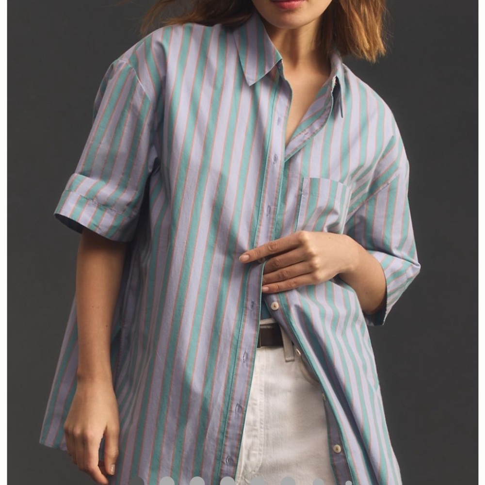 Anthropologie Short-Sleeve Button-Down Shirt in Mint, Pink, White Stripes